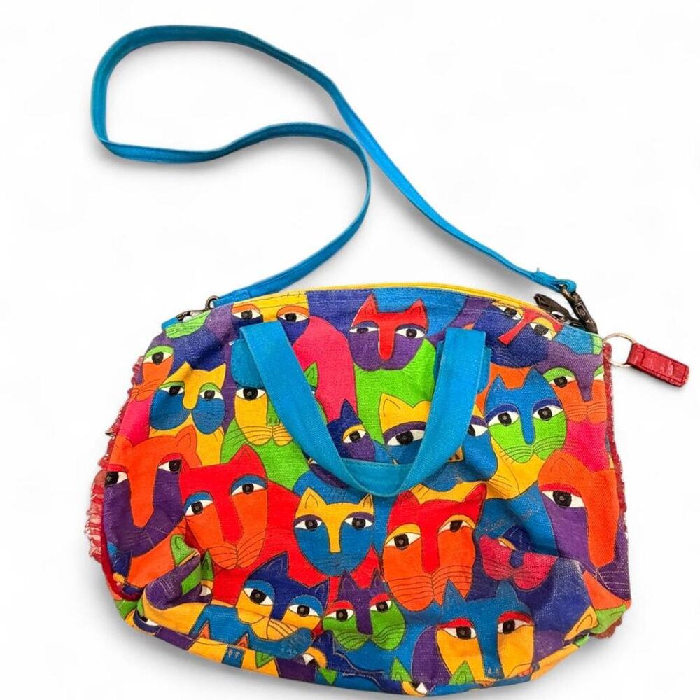 Vintage Laurel Burch Rainbow Cat Faces Satchel Bag with Crossbody Strap